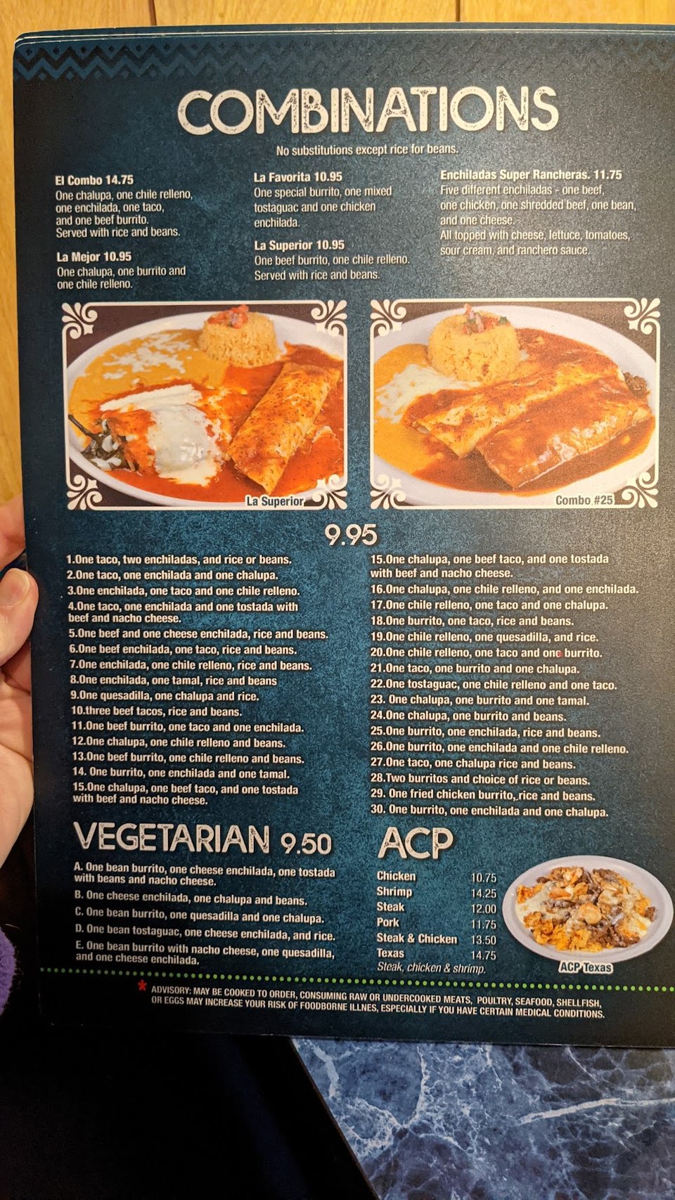 Printed menu with lunch, seafood, and egg dishes.