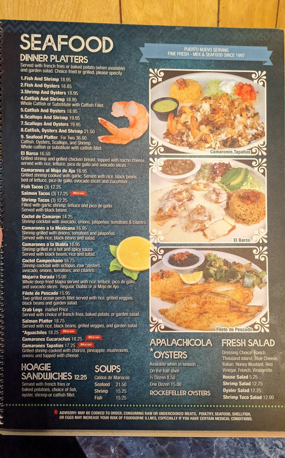 Menu pages listing Mexican plates and specials.